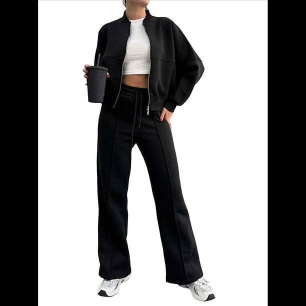 Conjuntos de Salón para Mujer, Conjunto Deportivo de 2 Piezas, Sudadera, Pantalón Deportivo de Pierna , Conjunto Deportivo A Juego Negro M