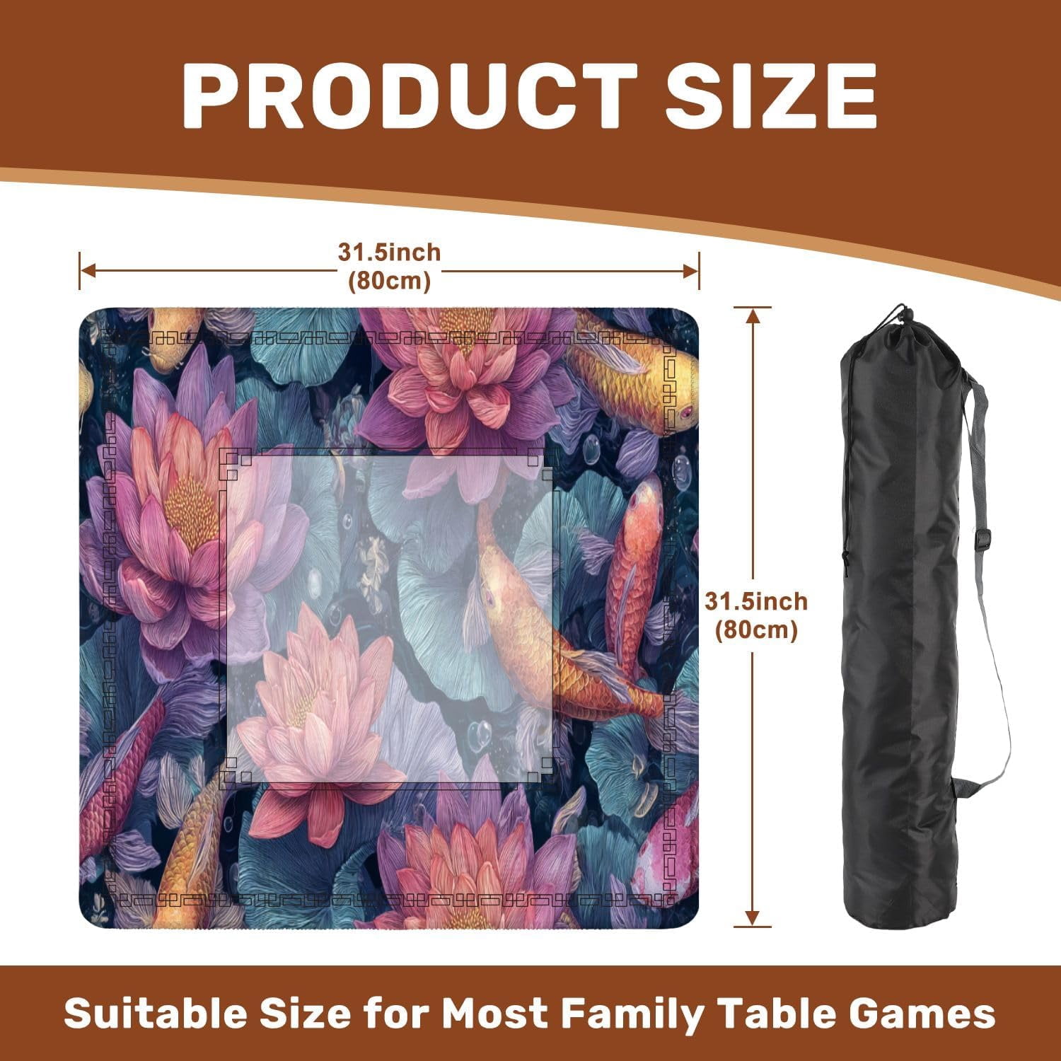 Mahjong Mat 31.5" x 31.5" Pastel Watercolor Pond Print Lotus Flowers Gold Accents Non-Slip Noise Reduction Mahjong Tiles Table Cover for Dominoes Poker Card Board and Tile Games