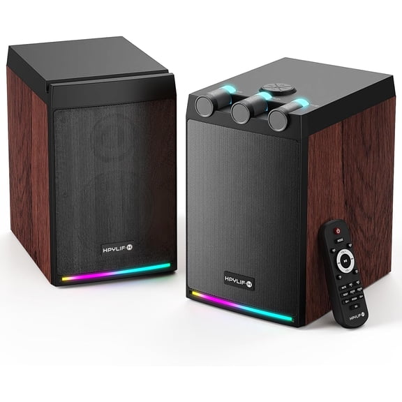 100W Powered Bluetooth Bookshelf Speakers,2.0 Wireless HiFi Speaker with Subwoofer and Led Light,Dynamic 3D Surround Sound,for Home Music,Vinyl Records, Home Theatre, Gaming,TV -Wood Grain