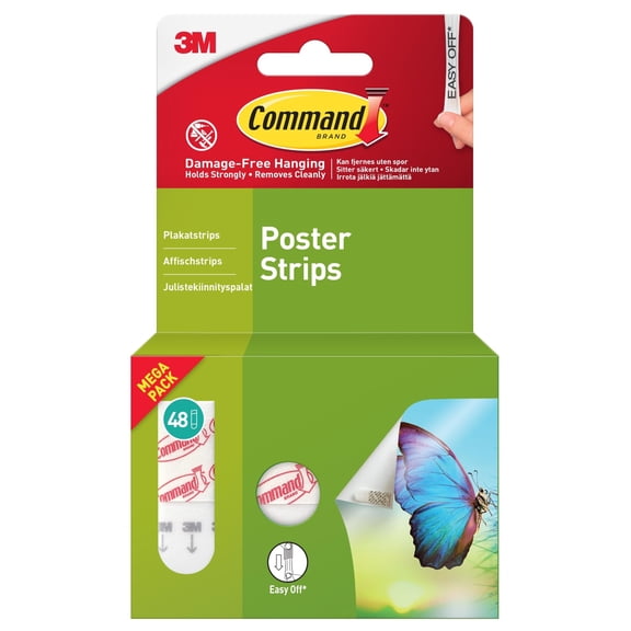 Command Poster Strips, Damage Free Hanging Poster Hangers, No Tools Wall Hanging Strips for Posters, 48 White Command Adhesive Strips