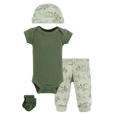 Hudson Baby Boys Thermal Preemie Layette Set 4pc Short Sleeve Outfit, Sage Dinosaur, Preemie