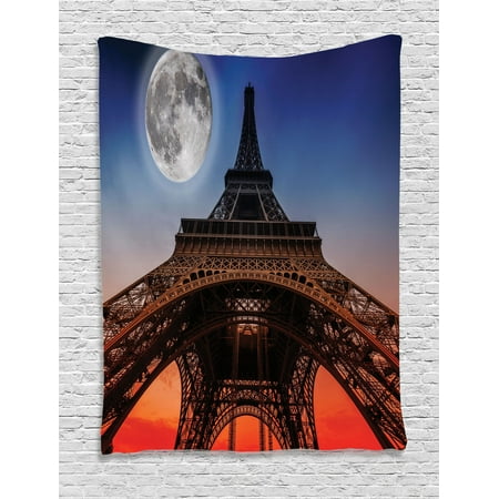 Dusk Eiffel Tower - Eiffel Tower Decor Wall Hanging Tapestry, Full Moon Night Sky Dusk Digital Style Minimal French Flag Eiffel Tower Digital Art, Bedroom Living Room Dorm Accessories, By Ambesonne