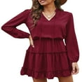 thumbnail image 3 of Women Mini Dress Long Sleeve Lacing Solid Pleated Fall Summer Dress for Daily, 3 of 9