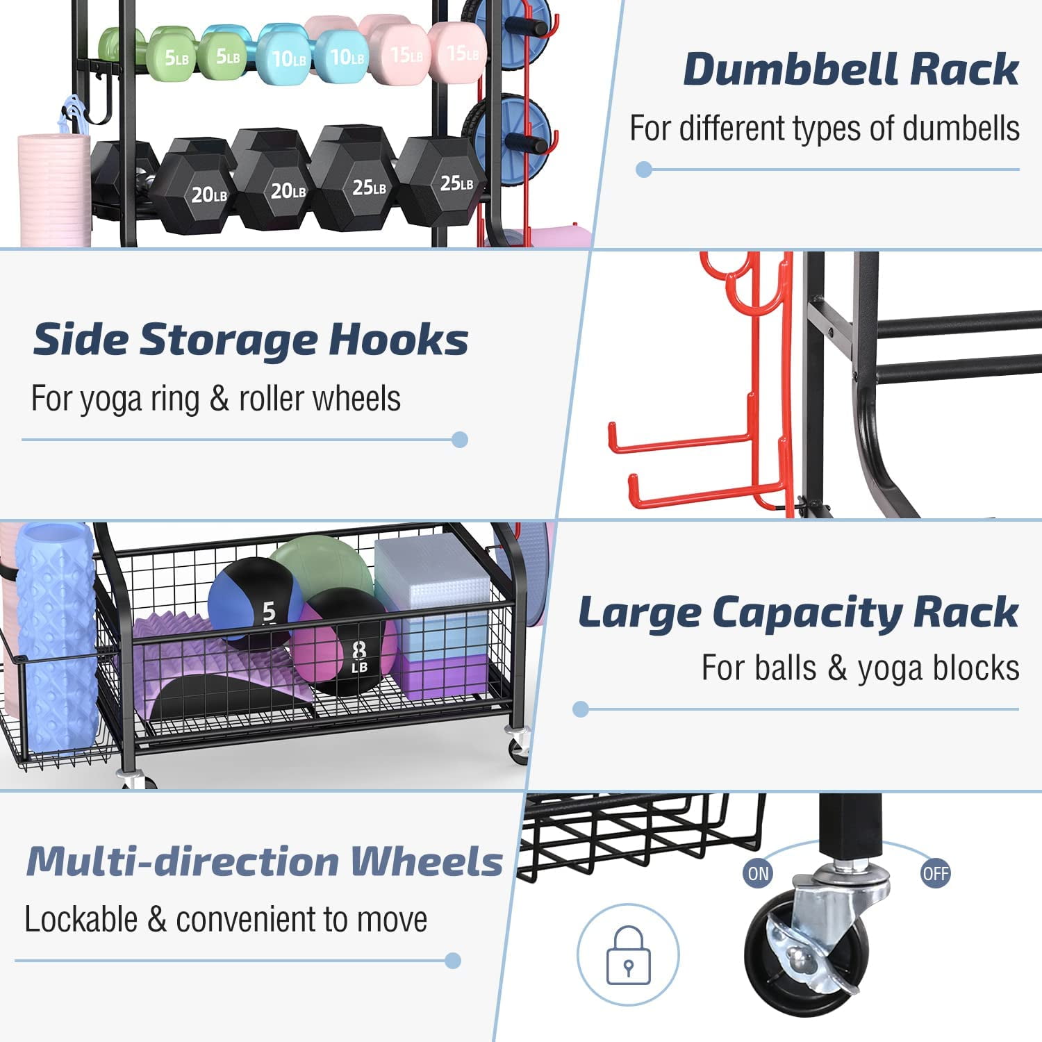 Staransun Home Gym Storage Rack - Weight Rack for Dumbbells - Yoga Mat  Storage Rack with Two Extra Side Storage Space - Garage Storage with Caster