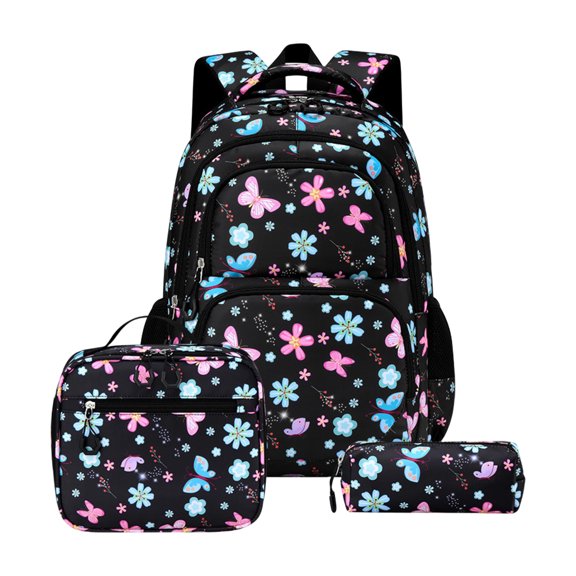 MInHoues 3 Pcs Girls Printed Backpack Set, Floral and Butterfly Print Waterproof School Bag for Teens, 14 Inch Laptop Daypack with Lunch Bag, Pencil Case for Travel Outdoors, Black