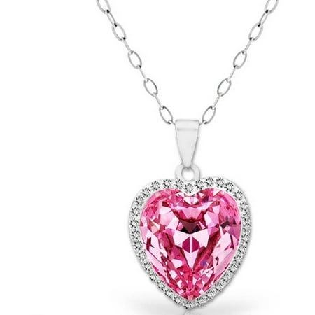 A Pink Topaz 18kt White Gold-Plated Sterling Silver Halo Heart Pendant