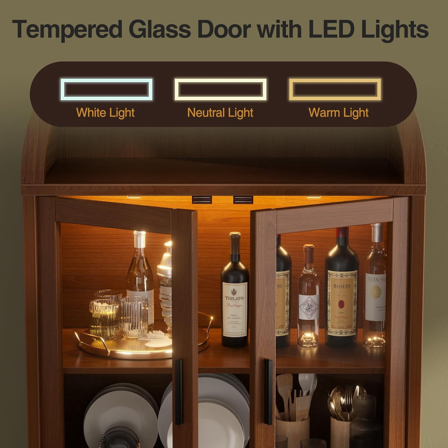 Vabches Arched Kitchen Pantry Storage Cabinet, 78" Tall Fluted Cabinet with LED Lights 2 Glass Doors for Kitchen, Living Room, Bedroom