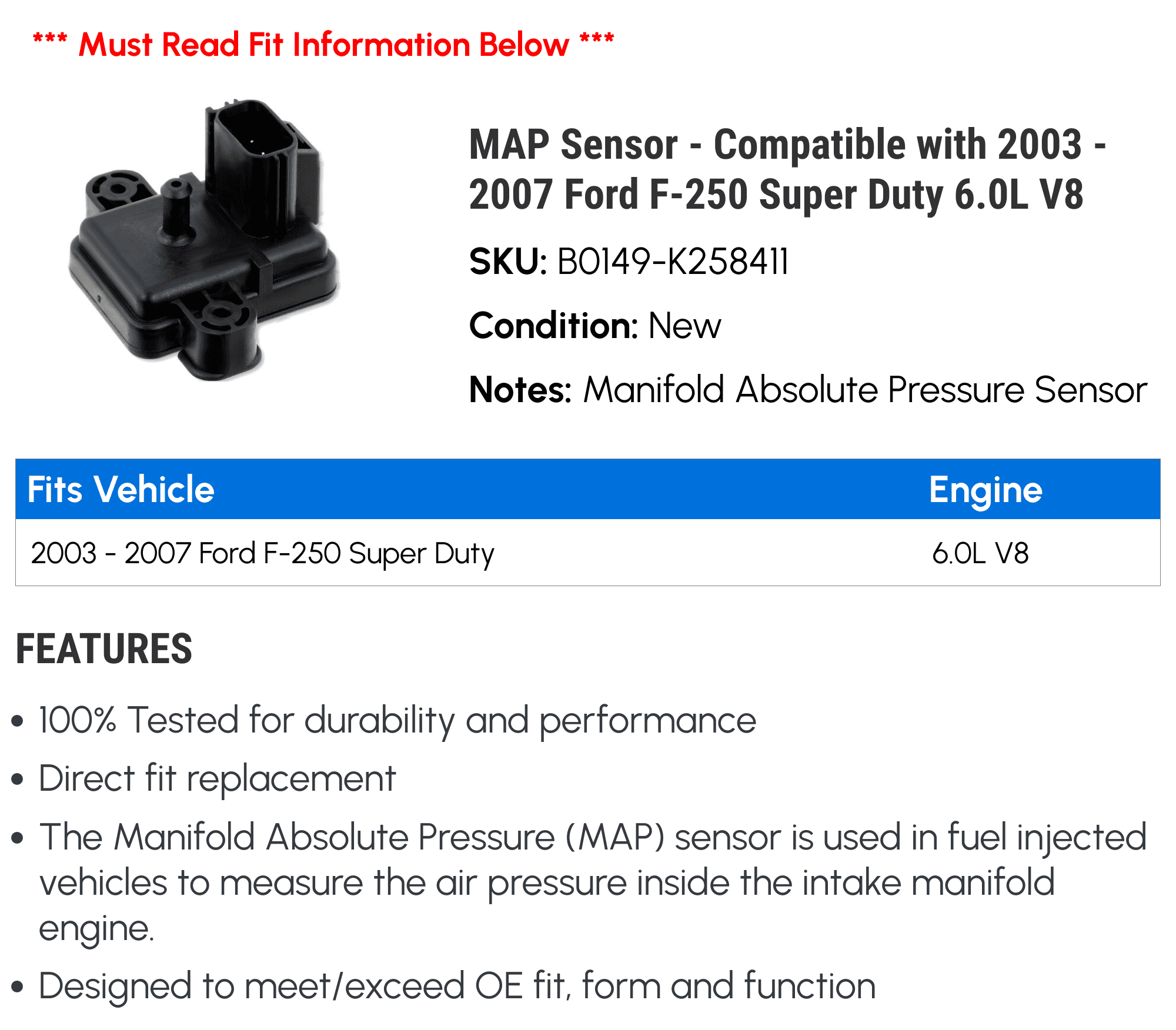 MAP Sensor - Compatible with 2003 - 2007 Ford F-250 Super Duty 6.0L V8 2004 2005 2006