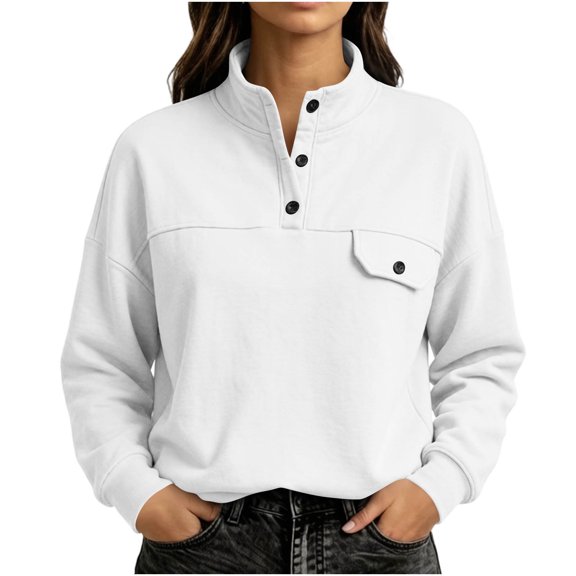 TEAJOPSUU Women Fall Winter Pullover Sweatshirts Stand Collar Long Sleeve Button Placket Fleece Lining Blouses with Thin Fleece Lining Warm Windproof B-White