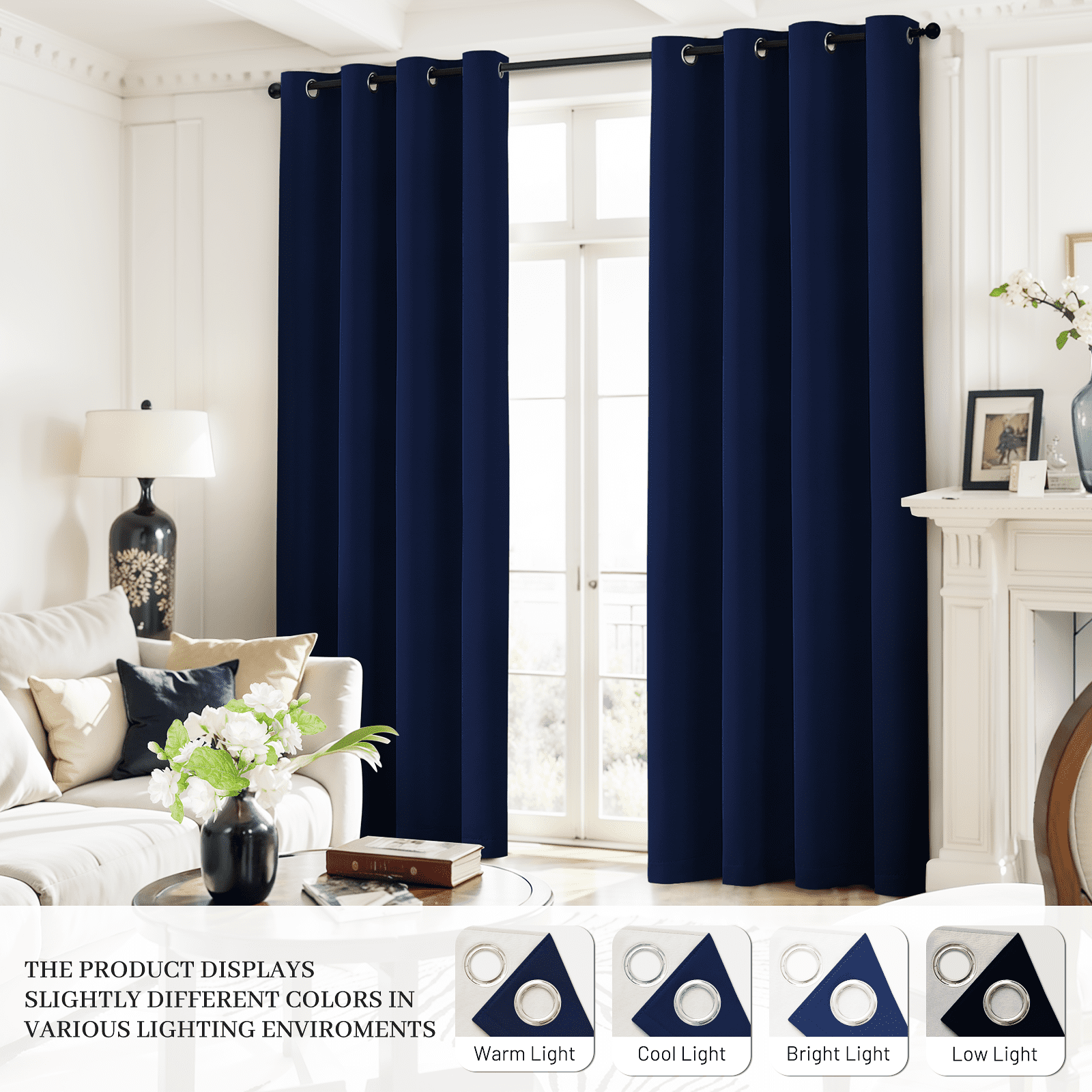 Yakamok 100% Blackout Curtain Panels 84 inches Light Blocking Drapes for Nursery, 2 Thick Layers Thermal Insulated Draperies (2 Pieces,52 Wide Each Panel,Navy Blue Front with White Backing)