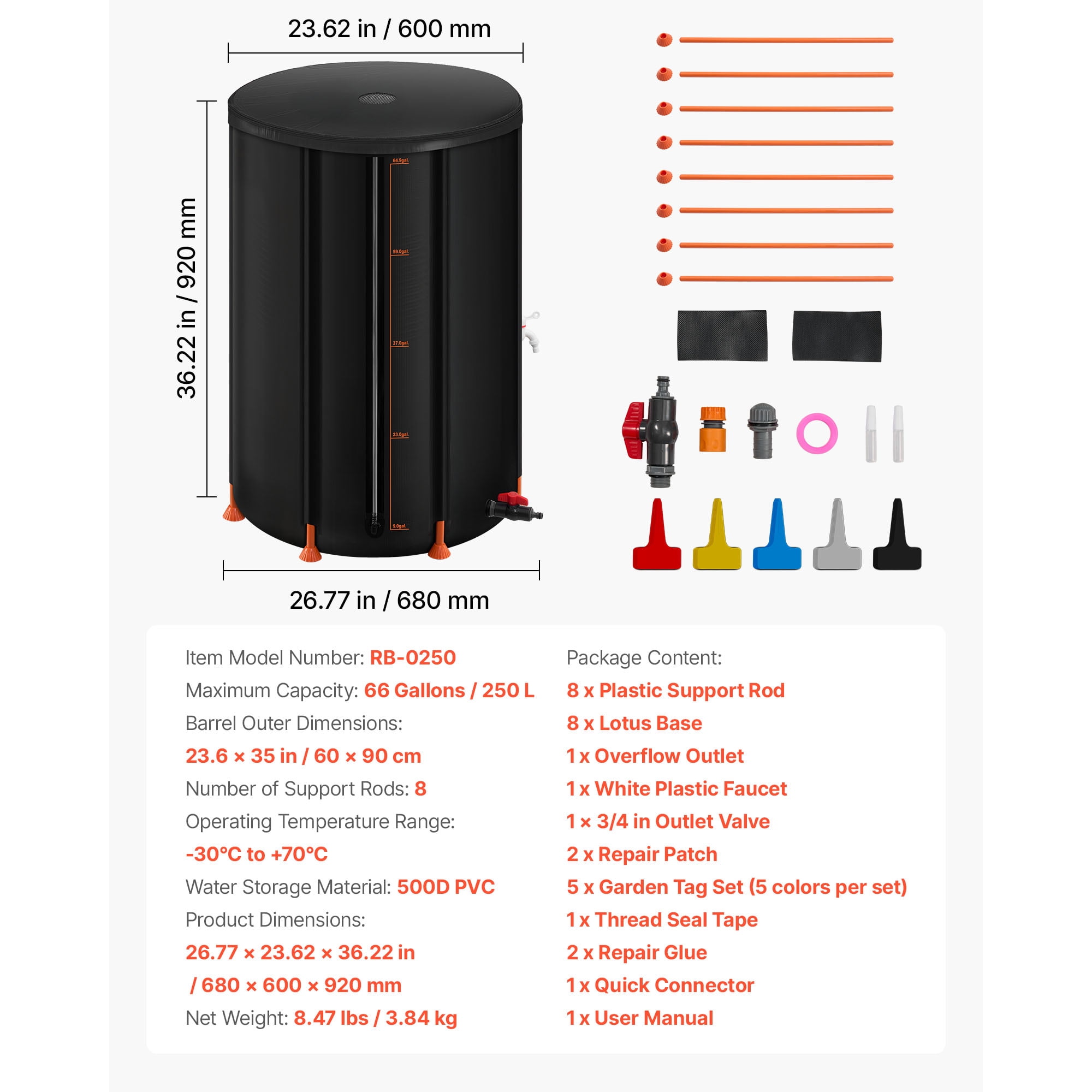 KFFKFF Collapsible Rain Barrel, 66 Gallon Portable Rainwater Collection System, 500D PVC Garden Water Storage Container with Spigot & Overflow Kit, Black