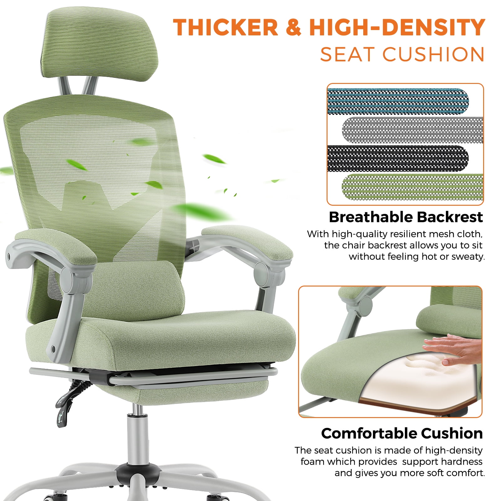 MCQ Ergonomic Mesh Office Chair, High Back Home Swivel Chairs with Adjustable Lumbar Support, Headrest, Footrest, and Armrests, Green