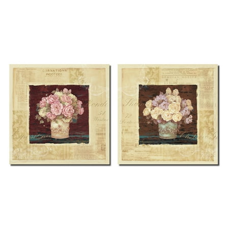 French Rose - Vintage Rose; Gorgeous Pink and Yellow Rose Bouquets with a French Quote Border; Two 12X12 Poster Print