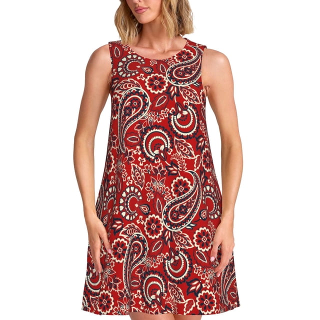 Fotbe Vintage Red Paisley Vestido de Verano sin Mangas para Mujer – Vestido Midi Línea A, Estilo Camiseta Floral, Vestido Playero Casual y Fluido