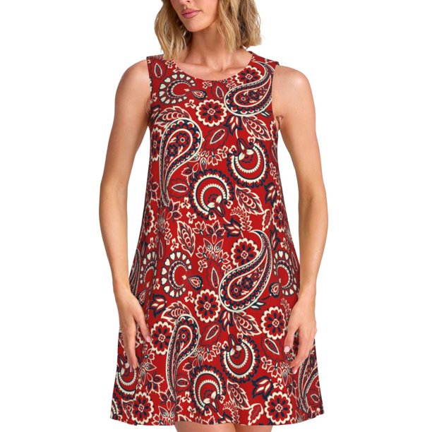 Fotbe Vintage Red Paisley Vestido de Verano sin Mangas para Mujer – Vestido Midi Línea A, Estilo Camiseta Floral, Vestido Playero Casual y Fluido