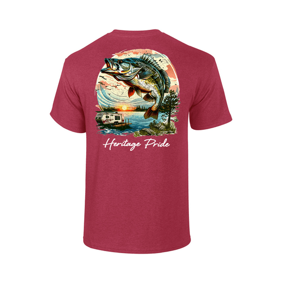 Heritage Pride Mens Bass Fishing & Lake Camping Short Sleeve T-Shirt-Antique Cherry-Small