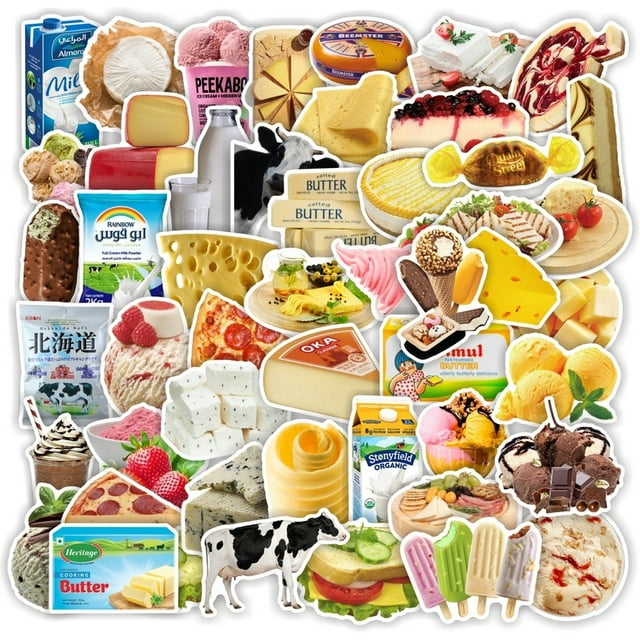 Pegatinas de vinilo con leche, pan, tarta y comida, impermeables, gris, 50 unidades