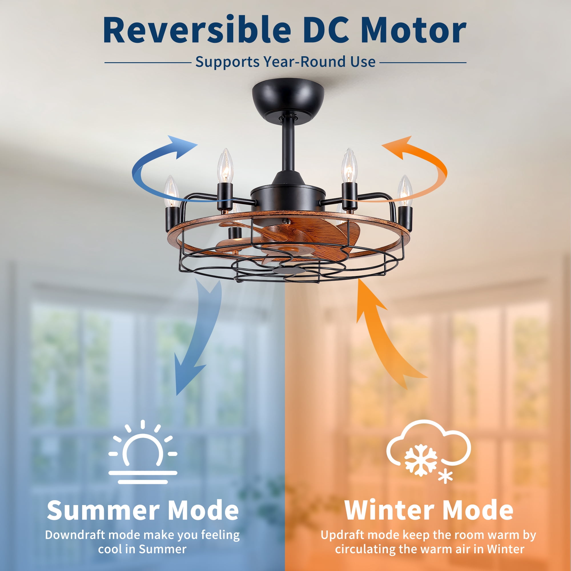 Leumius 20" Modern Farmhouse Ceiling Fan, Wood Grain Rustic Fandelier with E12 Sockets, Adjustable Hanging, Reversible DC Motor, 6 Speeds Remote Control Ceiling Fan for Dining Room Kitchen Bedroom
