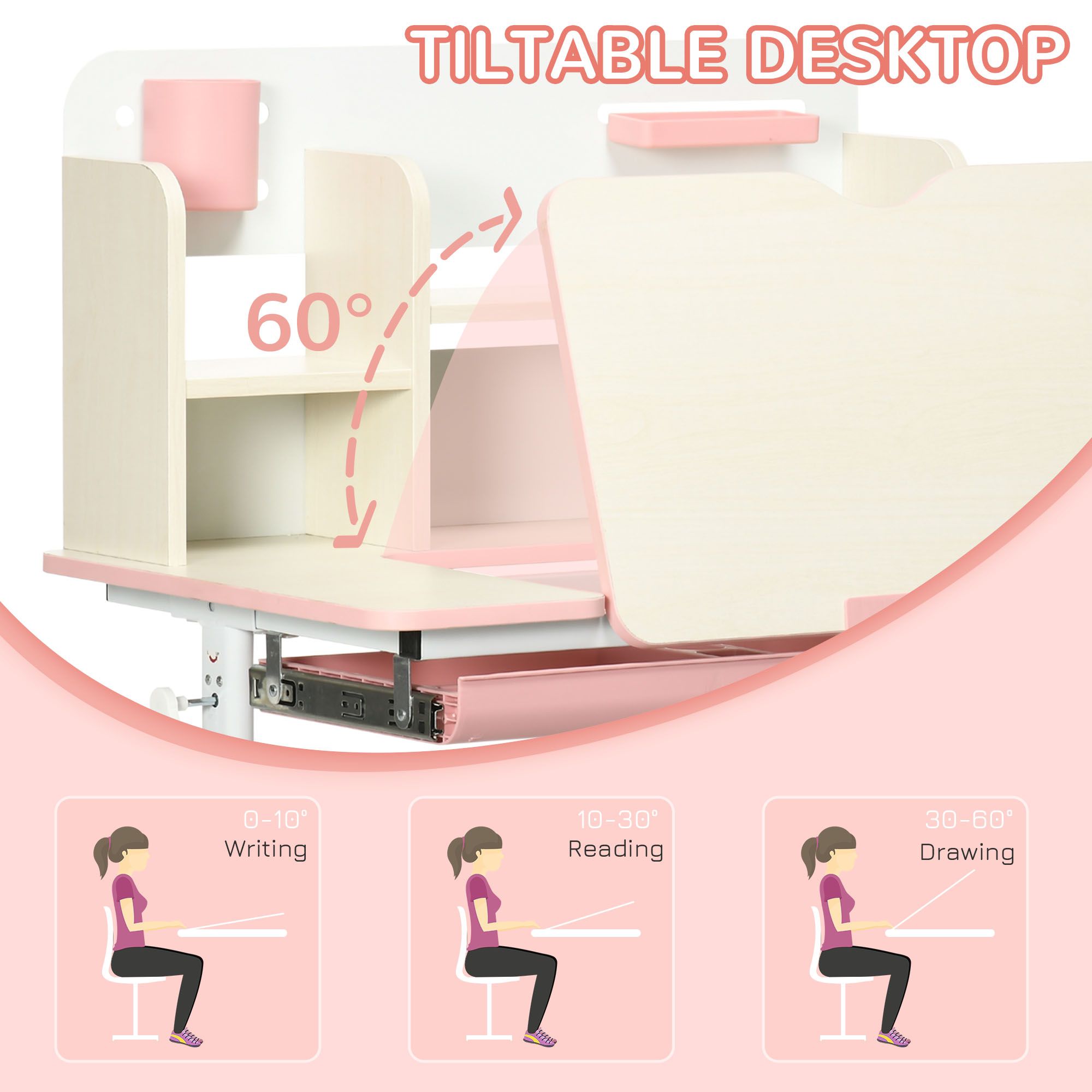 Height Adjustable Kids Study Desk with 0-60° Tilt Tabletop, Storage Shelves & Drawer, Stable I-Beam Children Writing Art Desk for Ages 3-12