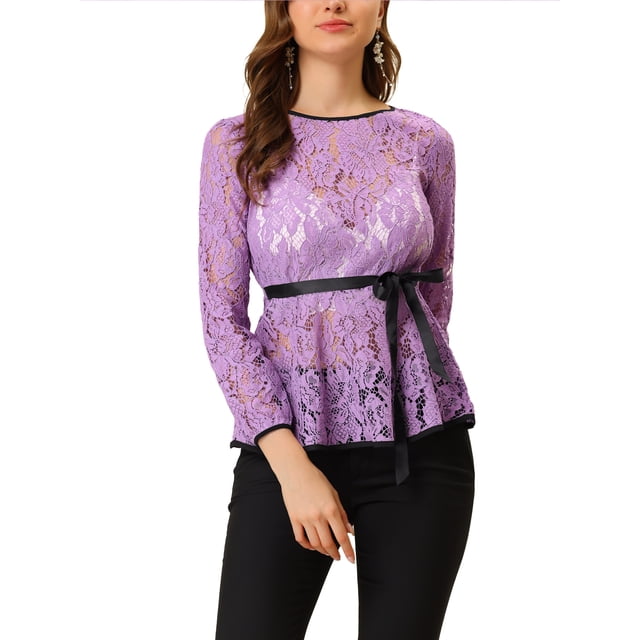 INSPIRAR CHIC Blusa de encaje con peplum para mujer, mangas de pulsera florales, top con cintura ajustable, XS, púrpura-1