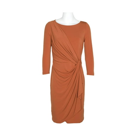 Catherine Malandrino Boat Neck ¾ Sleeve Draped Gathered Side Solid ITY Dress-PAPRIKA / XL