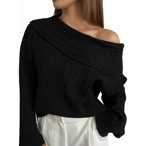 Women Off Shoulder Sweater Top Long Sleeve Knitted Pullover Casual Loose Oversized Trendy Vintage Knitwear Tops Black M