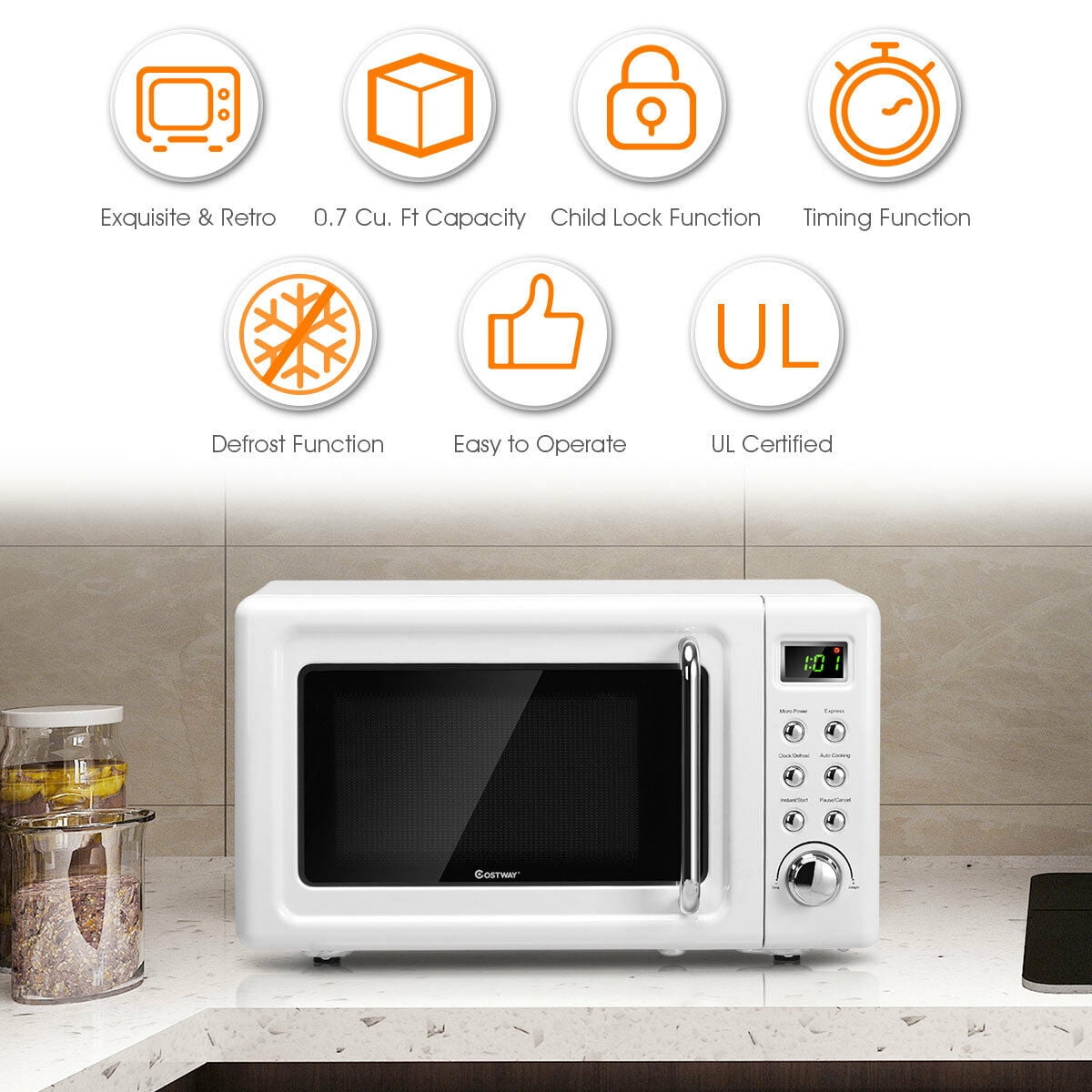 Child Lock with 5 Micro Power Defrost & Auto Cooking Function 900W Microwave Oven LED Display Glass Turntable and Viewing Window COSTWAY Retro Countertop Microwave Oven 0.9Cu.ft 