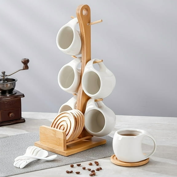 6pcs Ceramic Coffee Cups, Equipped with Wooden Coasters And Suitable for Latte, Cappuccino, Espresso Mugs, Tea Cups - Perfect Choice for Home, Office,  Holiday Gifts, Birthday Gifts, 200ml/6.8oz