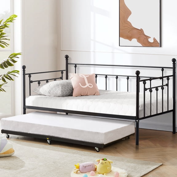 VECELO Twin Daybed with Trundle, Metal Bed Frame & Trundle Frame Set with Wheels, No Box Spring Needed Sofa Bed Frame for Living Room Guest Room, Black