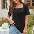 thumbnail image 4 of safuny Summer Trendy Loose Comfy Tops for Women Clearance Solid Tops Short Sleeve Tees Square Neck Shirts Eyelet Elegant Fashion Vintage Clothing Black XXL, 4 of 5