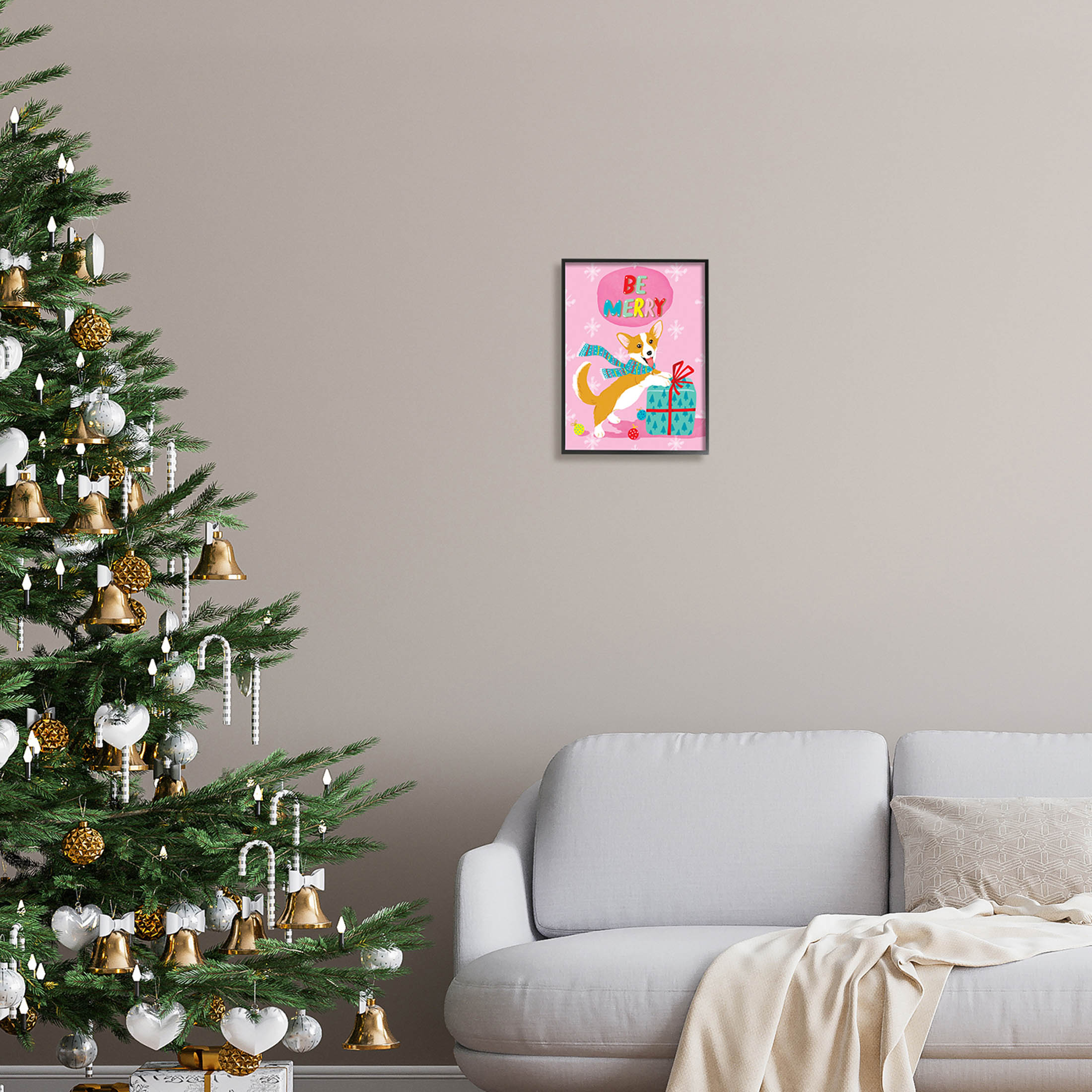 Be Merry Smiling Puppy Gift Holiday Graphic Art Black Framed Art Print Wall Art