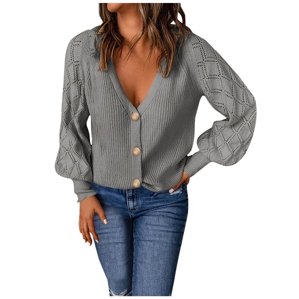 Suéteres para mujer Suéteres de otoño Casual Botones de punto sólidos Ahueca hacia fuera Tops de manga larga con cuello en V Odeerbi ODB-5