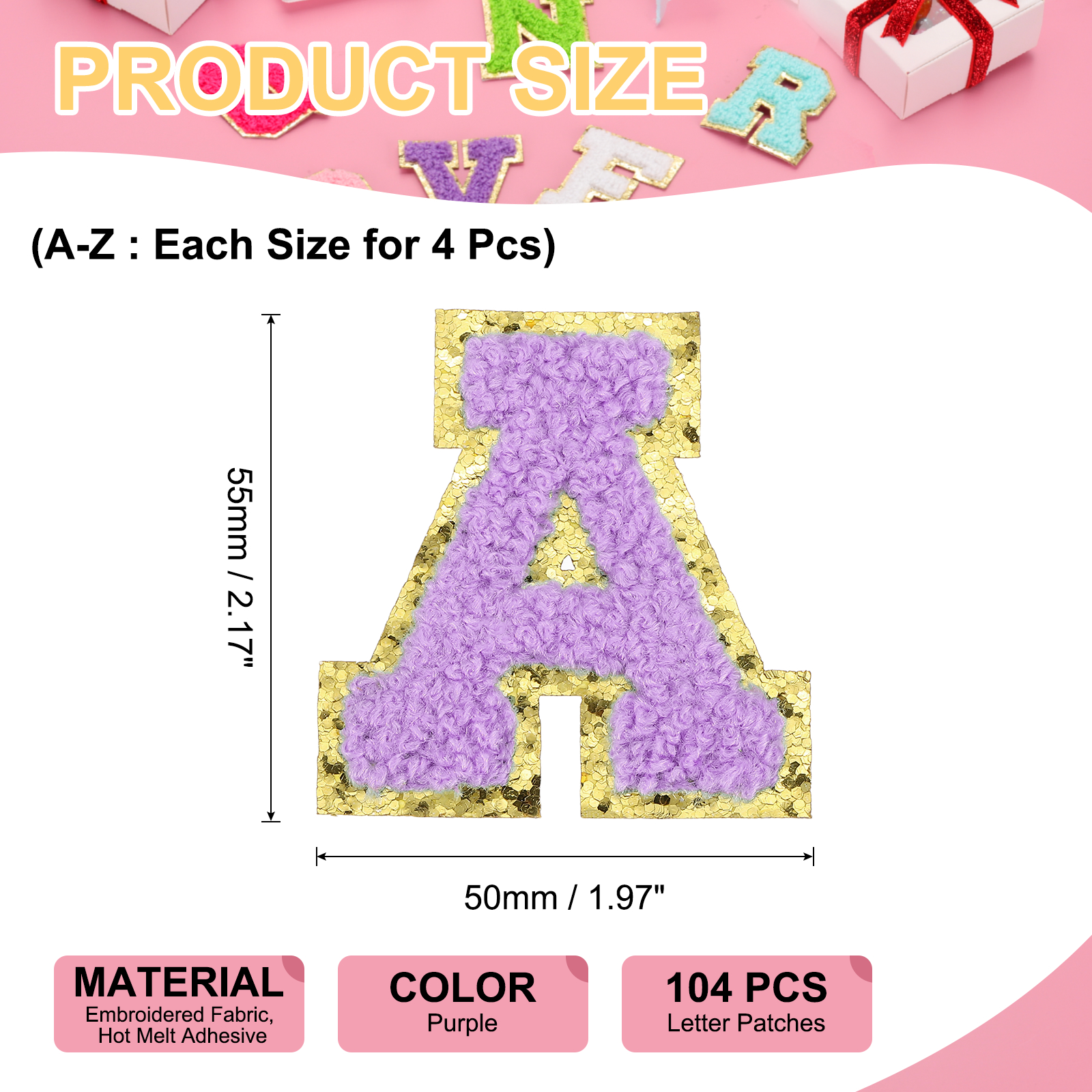 Uxcell Letters Patches, 104 Pcs Initial Letter A-Z Iron on Patch Embroidered Fabric Alphabet Stickers for Clothes Hats Makeup Bags DIY, Purple