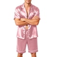 thumbnail image 2 of Premium Soft Satin Silk Set For Men Short Sleeve Button Front Top Loose Shorts Two Piece Loungewear With Pockets Pink S, 2 of 6