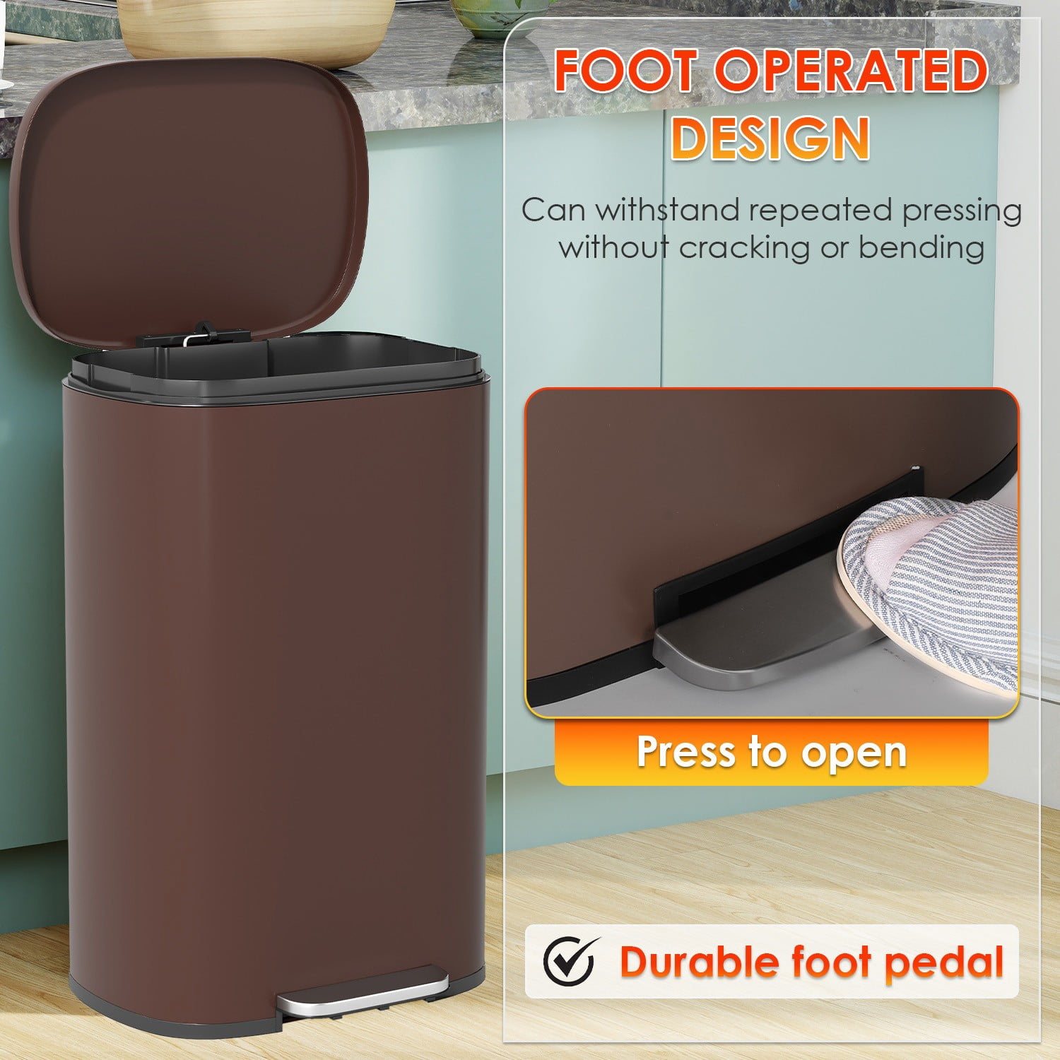 FASCK 13 Gallon/50 L Garbage Can Kitchen Trash Can with Lid for Office Bedroom Bathroom Step Trash Bin Fingerprint-Proof Brushed Stainless Steel 13 Gallon / 50 Liter,Brown
