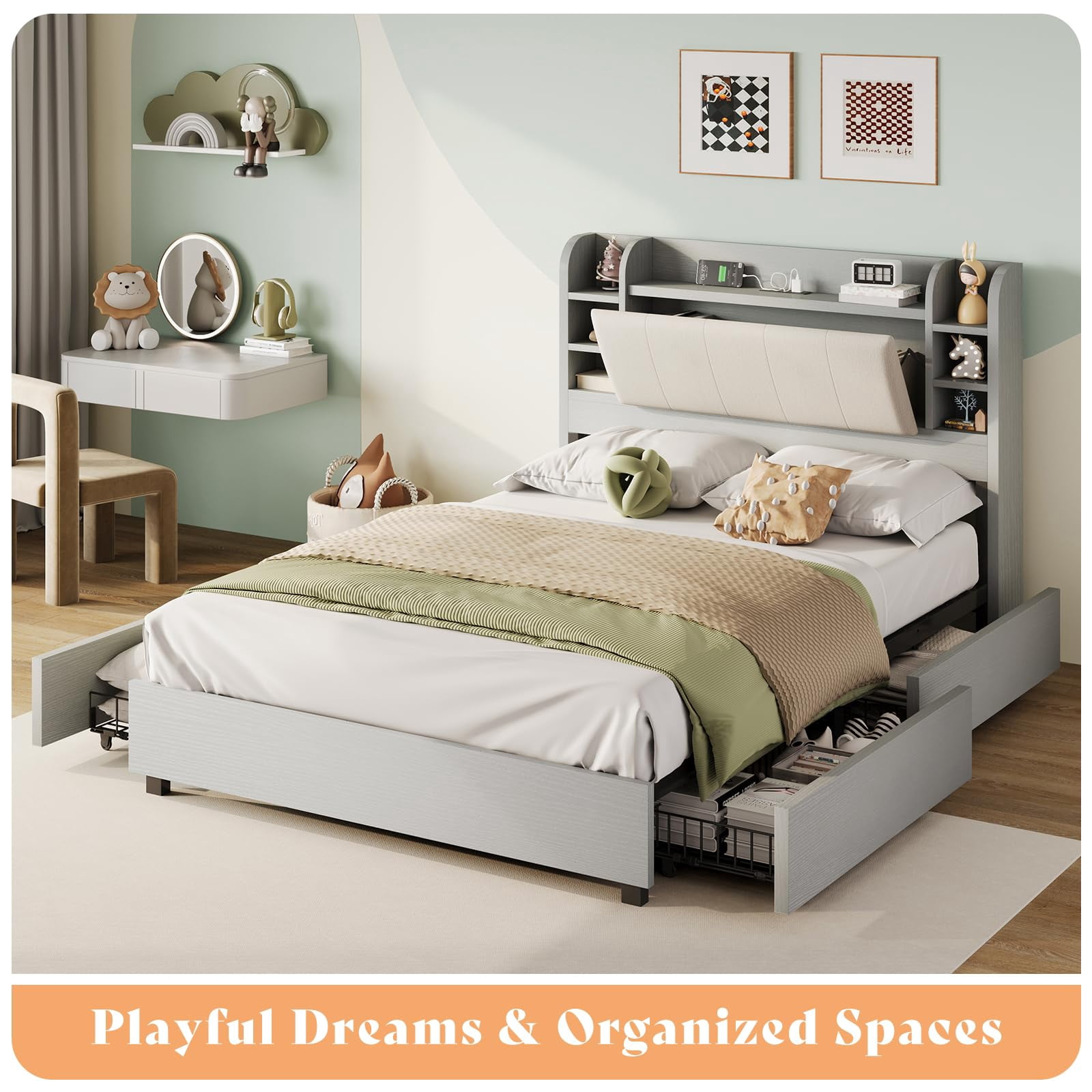 Amerlife Queen Size Bed Frame with Drawers,Upholstered Bookcase Headboard and Charging Station,Gray