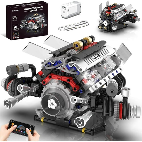 Remocguys V8 Engine Building Sets With Motor LED Light APP Control Compatible with Lego Technical Car Part Electrically Driven Model for Adults Boys 14  662PCS