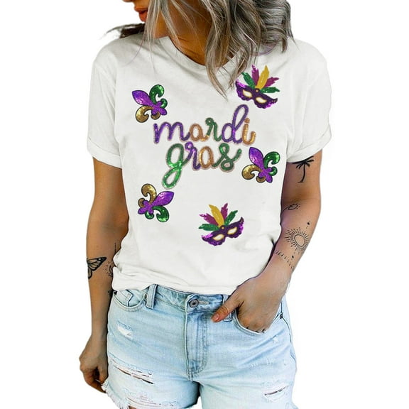 Women's White Sequin Mardi Gras Pattern Graphic Crew Neck Tee | [ZhiHiMeRi] | (US 20-22)2XL