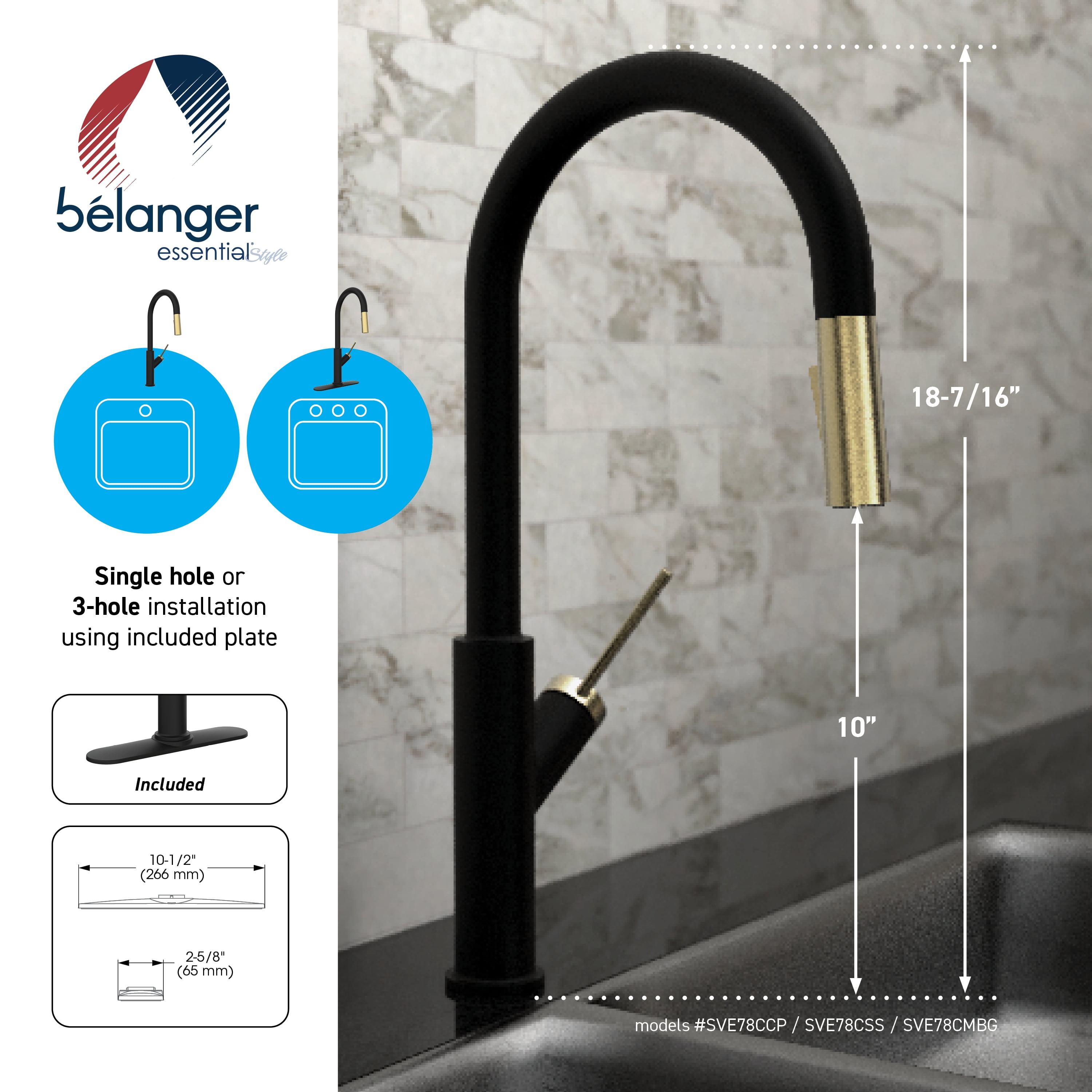 Belanger Single Handle Pull-Down Kitchen Faucet, Matte Black and Gold