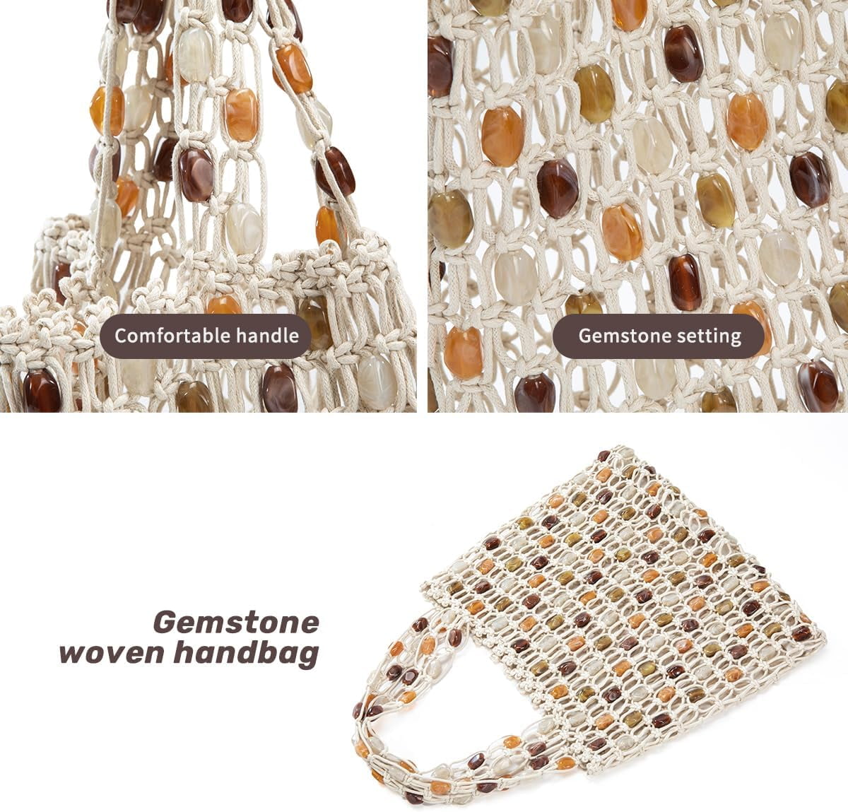 Women’s Crochet Beaded Shoulder Bag Lightweight Summer Tote Handbag