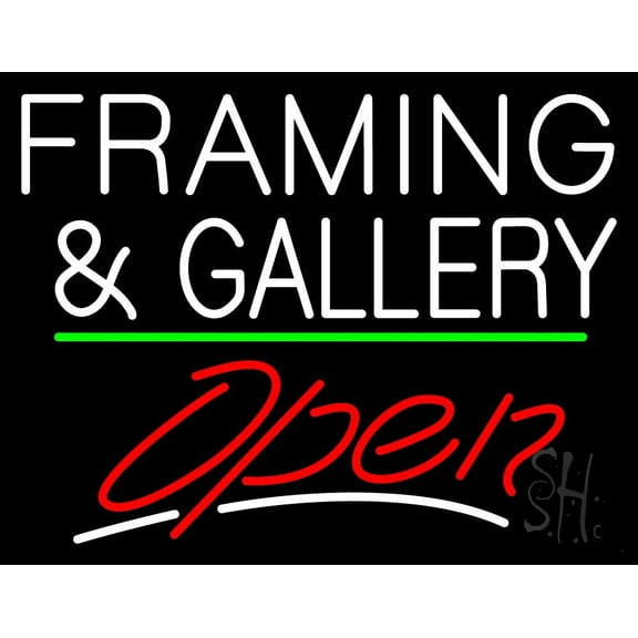 White Framing And Gallery With Open 2 LED Neon Sign 24 x 31 - inches, Clear Edge Cut Acrylic Backing, with Dimmer - Bright and Premium built indoor LED Neon Sign for art gallery, and exhibition.