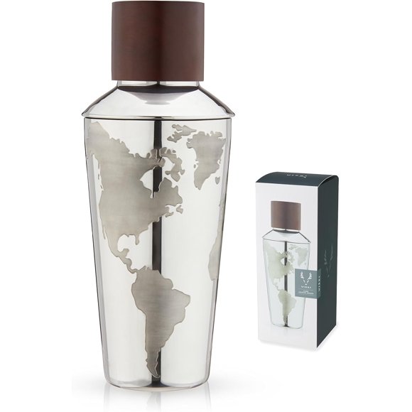 Viski Globe Stainless Steel Cocktail Shaker with Etched Map and Compass - Drink Mixers for Cocktails & Bar Shaker - 32 Oz