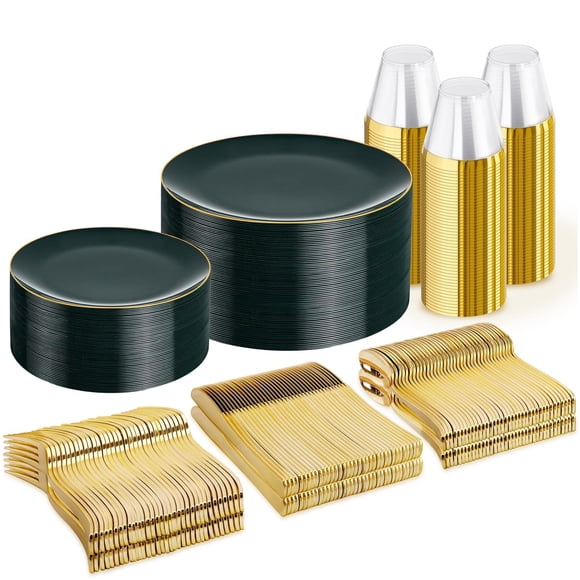 WDF 300 Pcs Assiettes Vertes Jetables - Assiettes Vertes Robustes - 50 Couverts en Plastique Verts Incluent 50 Assiettes à Dîner, 50 Assiettes à Dessert, 150 Couteaux