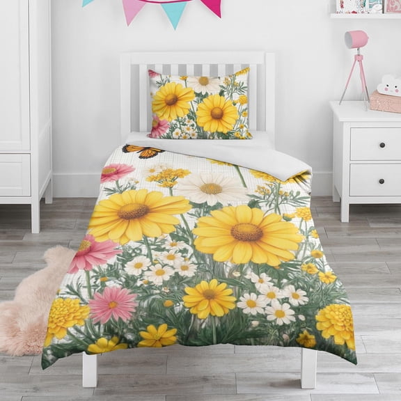 Flowers and Butterflies Duvet Cover and Pillowcase Set for Single Bedding, Bedroom Accessories for Kids Teens
