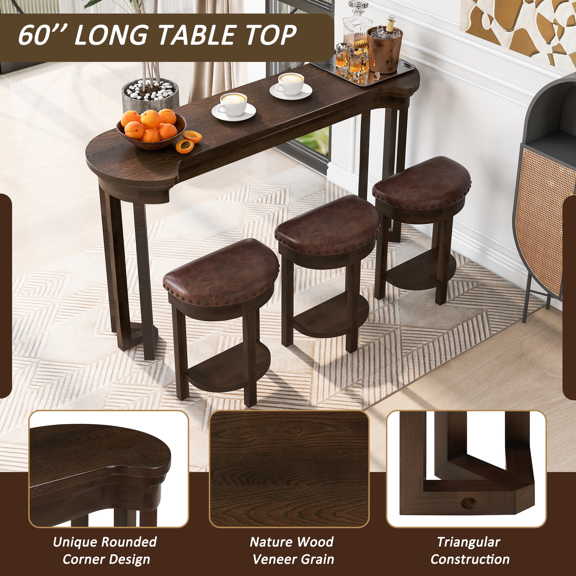 Aukfa 60"Solid Pine Wood Bar Set with 3 Stools, Space-Saving Kitchen Dining Table for 3, Compact Bistro Set for Small Apartments,Espresso
