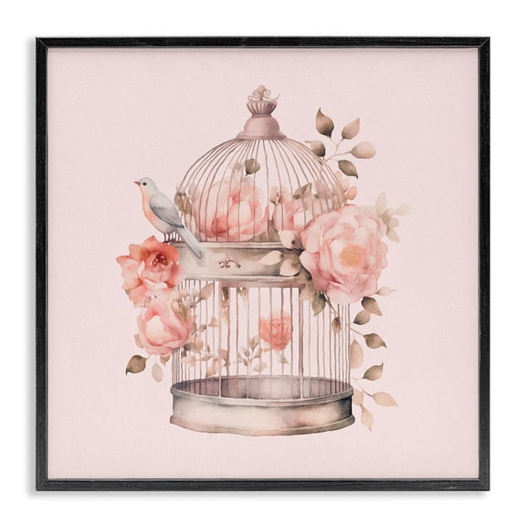 Stupell Industries French Country Bird Cage with Rose Blooms Black Framed Giclee Art, 12 x 12, by Andrea Haase