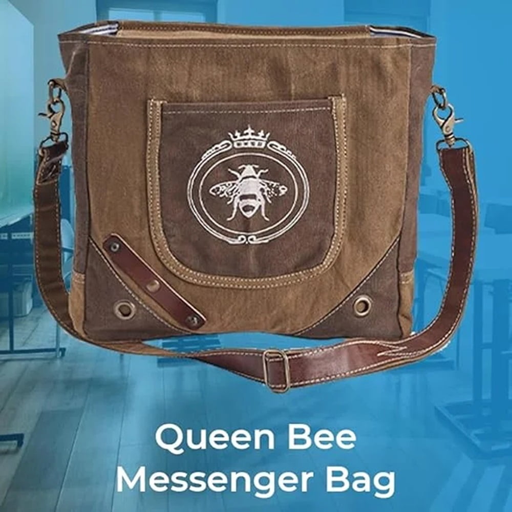 SAGEFINDS Queen Bee Messenger Bag | Upcycled Canvas Shoulder Purse for Women | Earth Friendly Tote | Adjustable and Detachable Crossbody Strap | Zip Closure | 12.25” x 12”