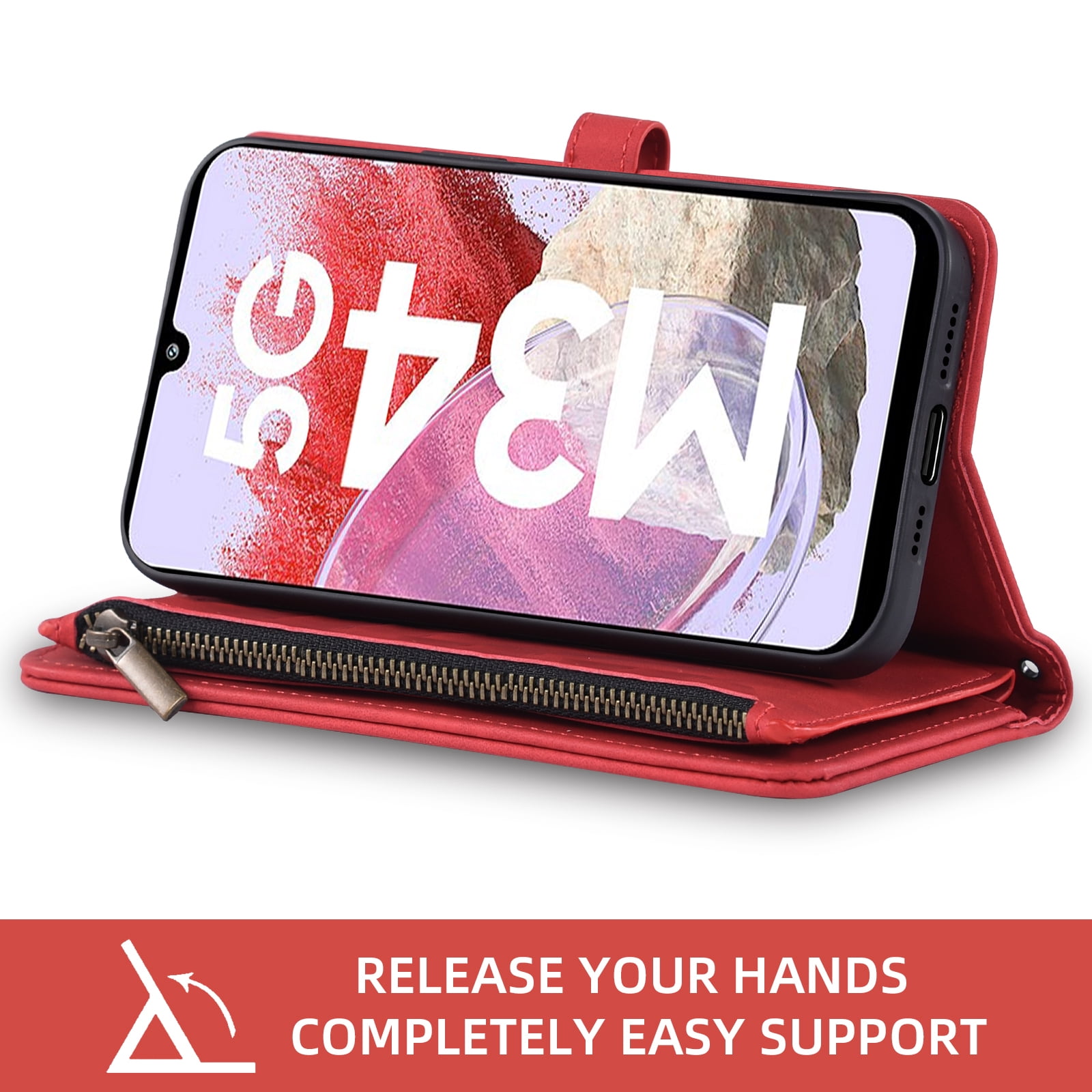 Asuwish Phone Case for Samsung Galaxy A25 5G/A24 4G/M34 /F34 Wallet Cover With Tempered Glass Screen Protector Crossbody Wrist Strap Flip Pattern Zipper Credit Card Holder Cell A 25 25A 24A LTE Red