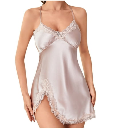 Wyobmus Women Lace Chemise Nightgown Satin Adjustable Suspender Sleepwear V Neck Full Slip Babydoll Lingerie Sleep Dress Pink