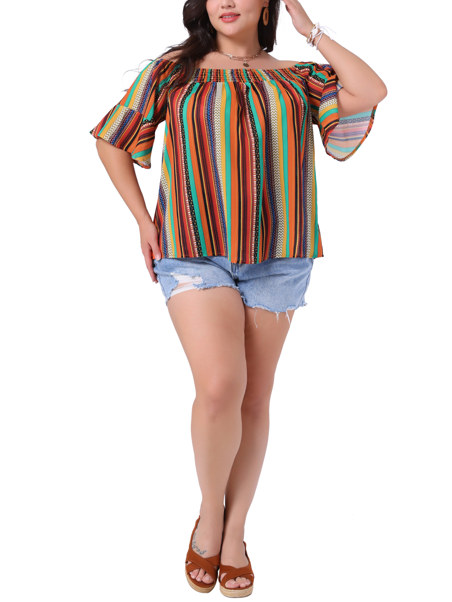 DARING DIVA Women's Plus Boho Off Shoulder Short Sleeve Striped Blouse 2X Orange